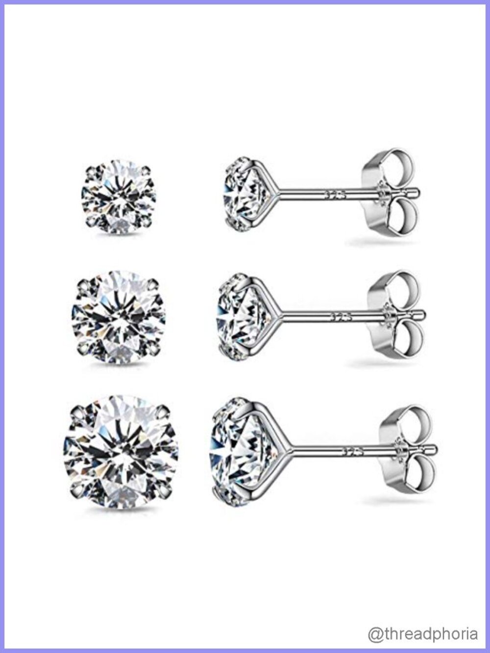 925 Sterling Silver Stud Earrings Cubic Zirconia Diamond Look Push Back